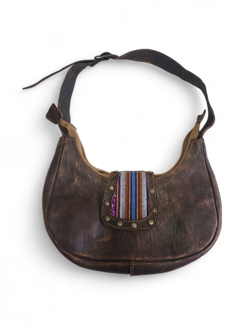Vtg Rising Sun Brown Leather Hobo Bag with Multicolor Stripe Accent Boho Western